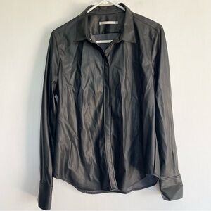 Elaine Kim Black Faux Leather Shirt Snap Button Down Collared Long Sleeve Size L